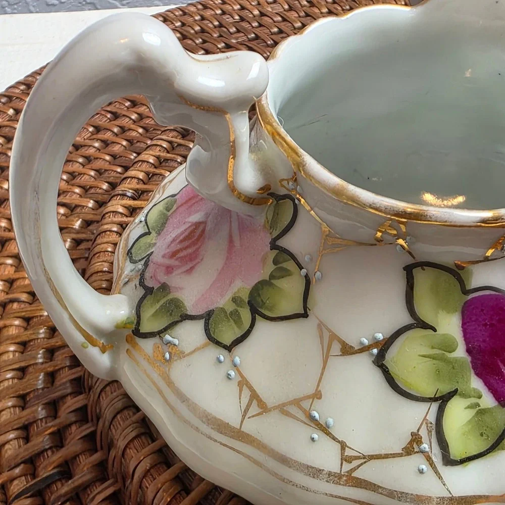Antique 1890s Nippon Hand Painted Rose Porcelain Creamer & Sugar Bowl Set No Lid
